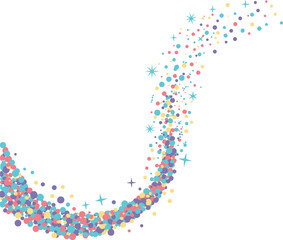 Abstract colorful particle swirl with dots and star sparkles, flowing curved motion design, playful modern vector illustration isolated on white background