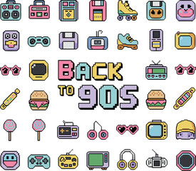 Back to 90s Pixel Art Illustration – Retro Icons of Technology, Fashion, and Food in Colorful Grid for Nostalgic Digital Design Themes