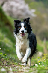 Fototapeta premium 花咲く山道を駆け抜けるボーダーコリー 