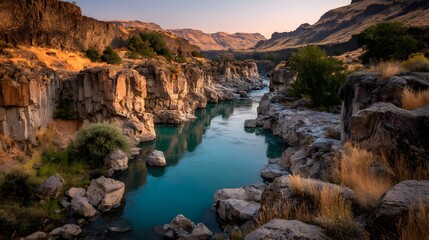 Flowing river carves a deep canyon through arid rocky terrain at sunset
