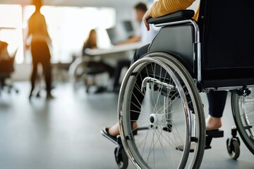 Obraz premium Wheelchair in modern office with people working at desks disability access and inclusion healthcare and workplace accessibility concept