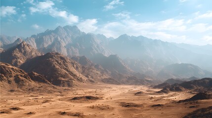 Naklejka premium Towering, rugged mountain range dominates a dry, arid valley under a bright blue sky.