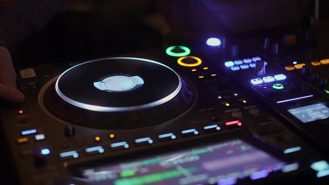 Closeup Illuminated DJ Controller With Lights And Platter, Colorful Buttons And LCD Display, Fingertips Adjusting Tempo And Crossfader,