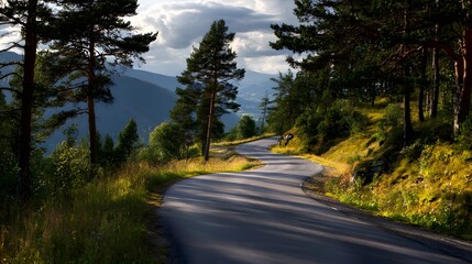 Fototapeta premium Winding paved road curves through a forested mountain landscape under dramatic sky