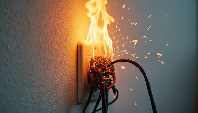 Electrical outlet sparks fire with overloaded wires and tangled cords burning. Flames and sparks fly from plug socket. Danger, ignition, and damage risk.
