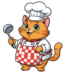 Cartoon cat chef smiling while holding a ladle in a kitchen  