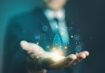 rocket up icon. startup launch and business growth concept. enterprise start for digital AI technology, entrepreneurship vision, and success planning. business startup strategy and profit increase