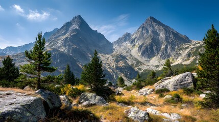 Obraz premium Jagged granite peaks dominate a high alpine landscape under a clear blue sky