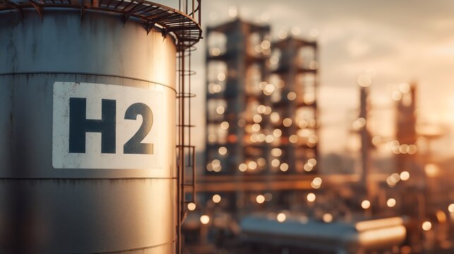 Close up of an industrial "H2" fuel storage tank with a hydrogen power plant background symbolizing the transition to net zero emissions by 2050