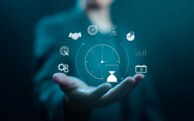 Time management and business efficiency concept, virtual clock and hourglass icon. productivity timeline planning, workflow process. corporate strategy plan, performance optimization management