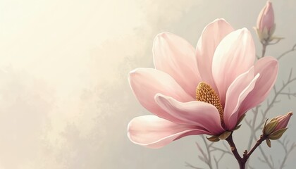 Obraz premium Soft pink magnolia flower illustration with delicate petals and budding flower. Muted pastel background with gentle light. Peaceful floral art for design.