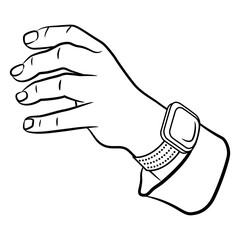 Empty male hand reaching forward in grasping gesture with wrist watch and cuff. Cartoon style. Black and white linear silhouette.