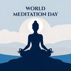 World Meditation Day peaceful silhouette in spiritual harmony with sky clouds and halo glow for mindfulness awareness and global wellness promotion