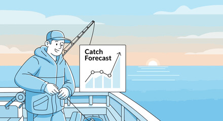 Fisherman on Boat with Fishing Forecast Chart.