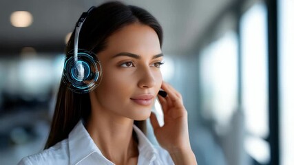 A professional female customer support agent uses a high tech headset, symbolizing digital transformation and AI driven solutions. The image highlights modern business and technology trends - Powered by Adobe