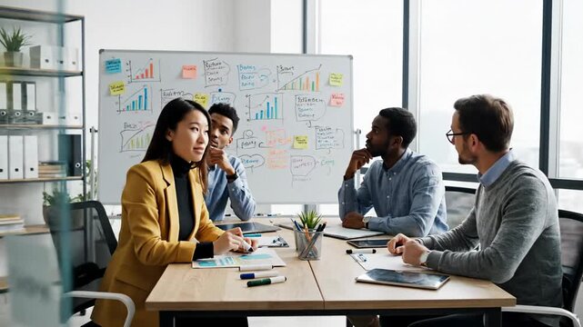 Diverse business team collaborates in a modern office meeting room.