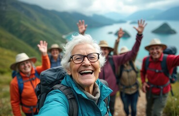 Elderly group hikes up mountain path with backpacks near blue lake. Smiling seniors wave hands for selfie shot, enjoying outdoor adventure, nature, freedom. Aged friends share happy moments together.