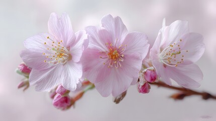 Fototapeta premium Delicate pale pink blossoms emerge from tight buds along a slender woody stem