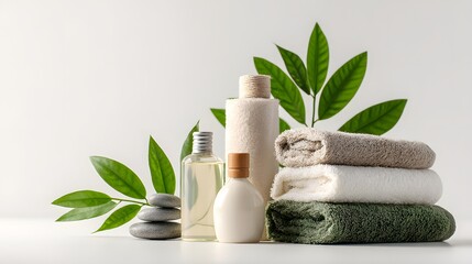 Group of natural spa wellness essentials featuring stacked towels, cosmetic bottles, stacked stones, and green foliage against a bright background