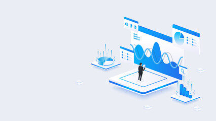 Isometric stock market data analysis dashboard. businessman with interactive charts, business intelligence panels, and analyst exploring insights on a digital platform.