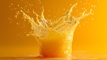 Bright citrus liquid explodes upward in a dynamic high speed splash against a warm background