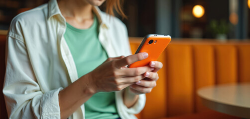 Woman uses phone indoors, typing text on orange smartphone screen. Close up on hands, casual outfit, soft background blur. Connection and digital communication.