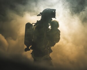 A firefighter carries a child through smoke, illustrating courage, heroism, and the impact of first responders in emergency situations.