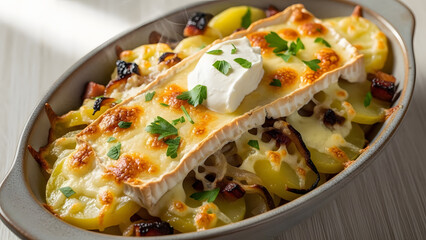 Delicious Baked Brie and Potato Casserole with Herbs.