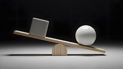 Concepto de equilibrio: cubo cer&aacute;mico y esfera en balanc&iacute;