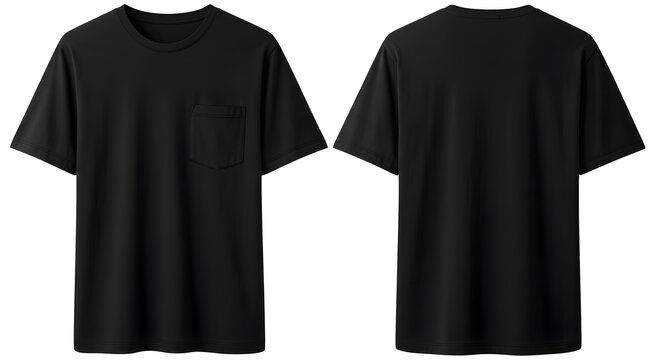 Black t-shirt with pocket, front and back view, isolated on white background