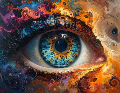 Close-up of a human eye with swirling colorful psychedelic textures - Powered by Adobe