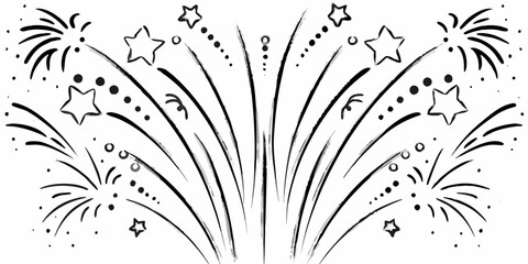 A black and white illustration of fireworks and sparkling stars