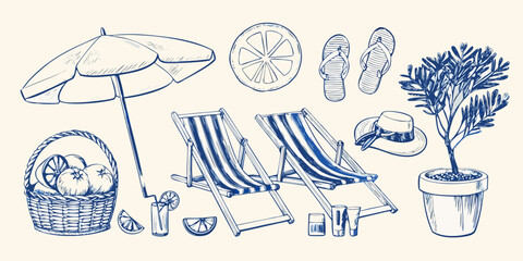 A serene beach scene featuring summer essentials in a sketch style © Bijon