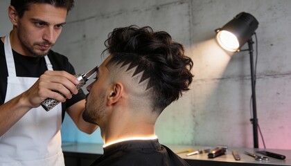 Creative men’s haircut scene featuring an artistic hairstylist. Unique technique, textured lighting, and realistic details blend grooming with contemporary visual storytelling.