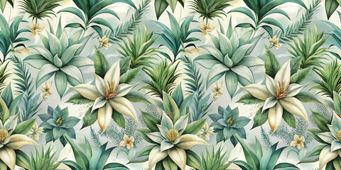 A beautiful arrangement of tropical plants and flowers, showcasing intricate botanical details in soft green hues.