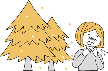 花粉を出す杉の木とくしゃみをする女性単色