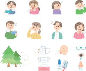花粉症に困る人々とアイコンセット