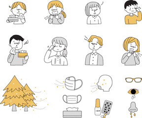 花粉症に困る人々とアイコンセット単色