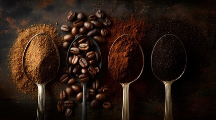 Four spoons display different stages of coffee processing from bean to fine grounds.