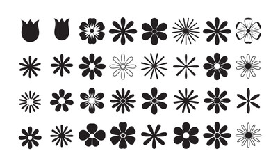 Big set of abstract black flower icons isolated on white background various styles and shapes