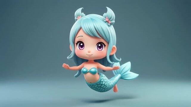 A cute 3D rendered chibi mermaid with light blue hair and tail, floating against a simple blue background.