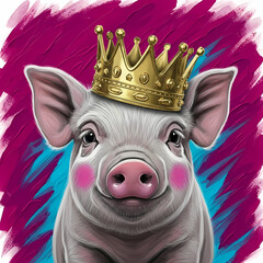 Regal Piglet with Golden Crown on Vibrant Artistic Background