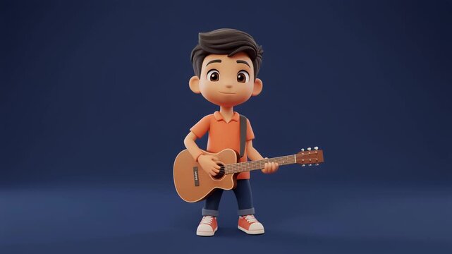 A cute 3D cartoon boy character with dark hair, wearing an orange shirt and blue pants, playing an acoustic guitar against a solid blue background.