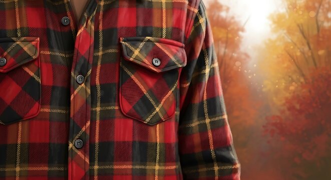 Close up of a person wearing a red and green plaid flannel shirt in autumn.