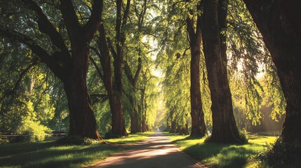 Fototapeta premium Tall, mature trees line a sunlit path creating a natural tunnel effect in a park setting.