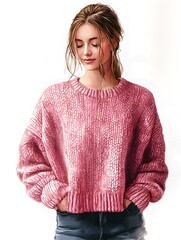 A young woman in a pink knitted sweater with her hands in her pockets looking down peacefully