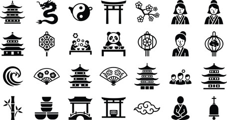 Japanese culture vector collection featuring traditional symbols, temples, torii gates, lanterns, fans, bamboo, and character icons for cultural illustration, decoration, and design projects