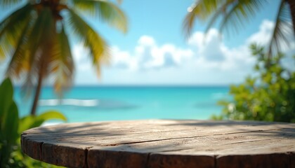 Round wooden table faces calm turquoise sea and blue sky with fluffy clouds. Palm trees frame scenic coastal view. Lush green foliage borders tabletop.
