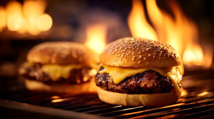 Two cheesy hamburgers cook over intense flames on a metal grate