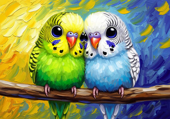 Vibrant Artistic Painting Featuring Two Adorable Pet Budgerigars